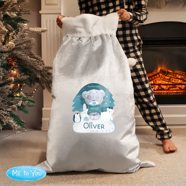 Personalised Winter Explorer Tiny Tatty Teddy Luxury Silver Grey Pom Pom Sack