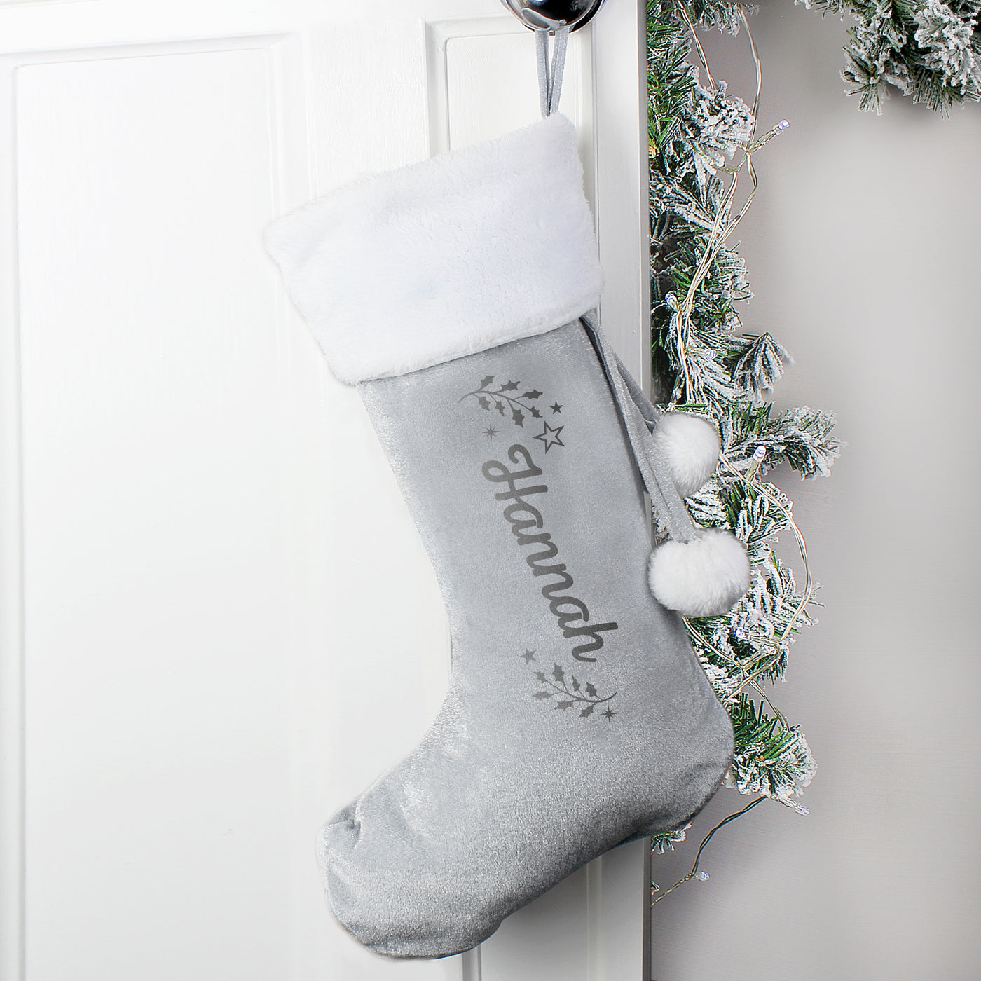 Personalised Holly Grey Christmas Stocking