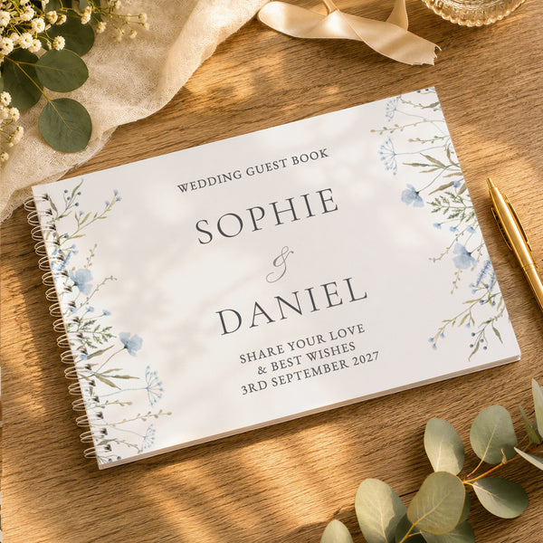 Personalised Blue Wild Flowers Wedding Guest Book