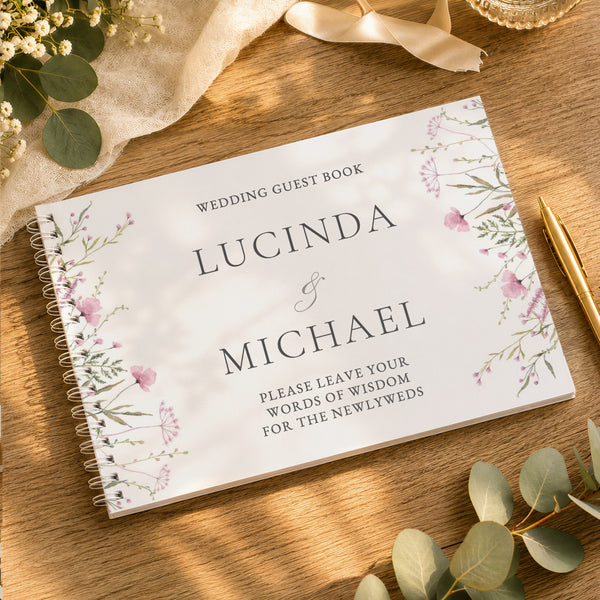 Personalised Pink Wild Flowers Wedding Guest Book