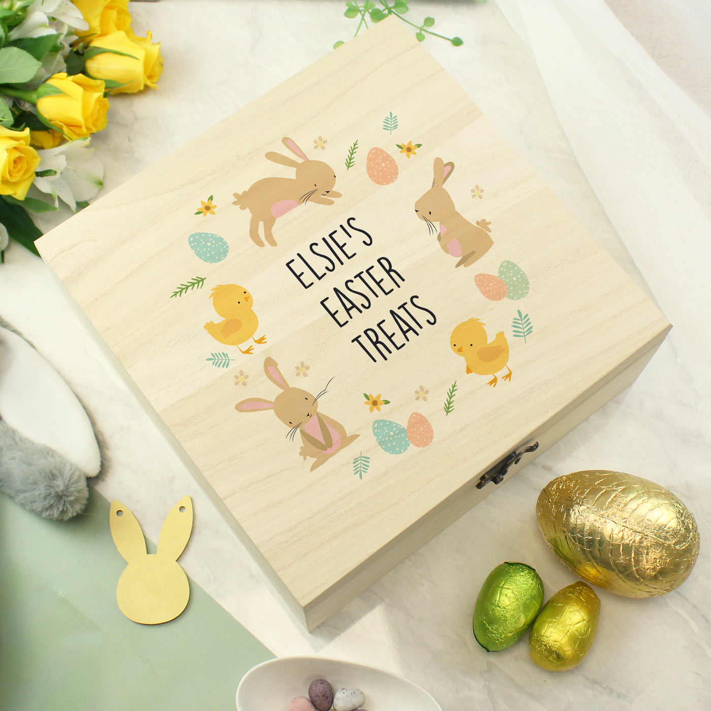 Personalised Easter Bunny & Chick Large Wooden Keepsake Box