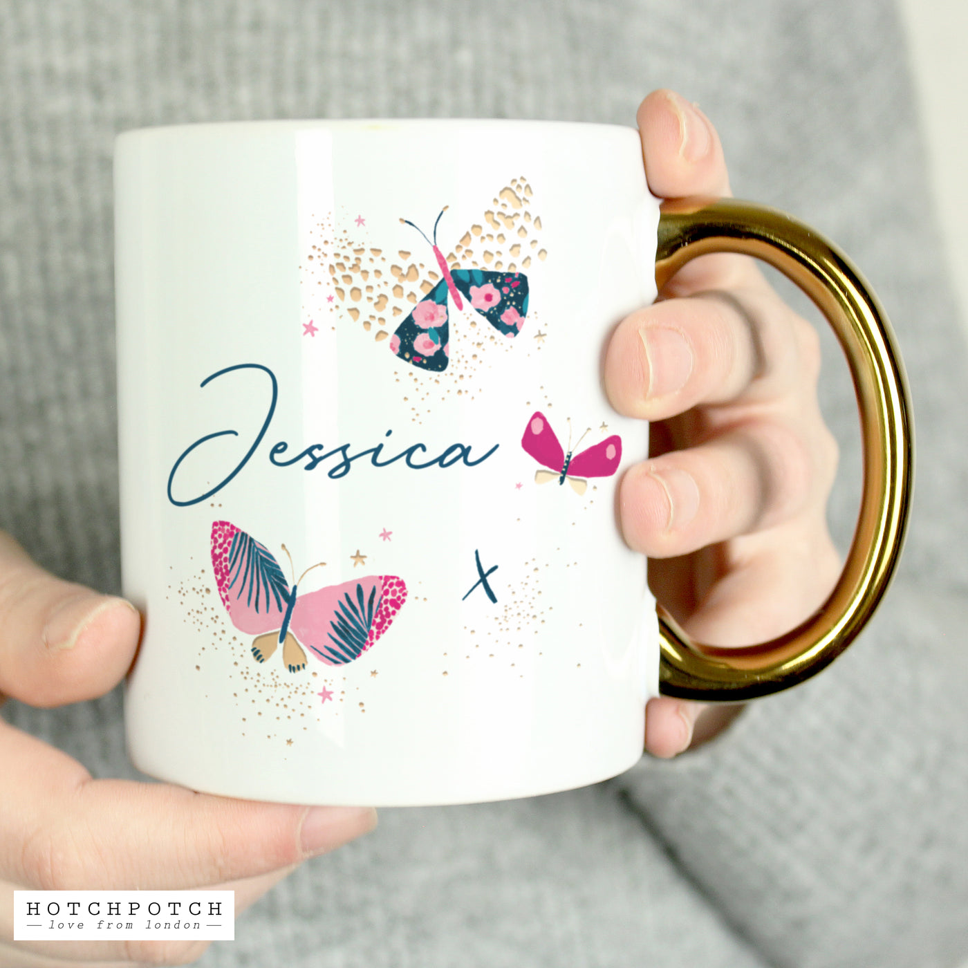 Personalised Butterfly Gold Handle Ceramic Mug