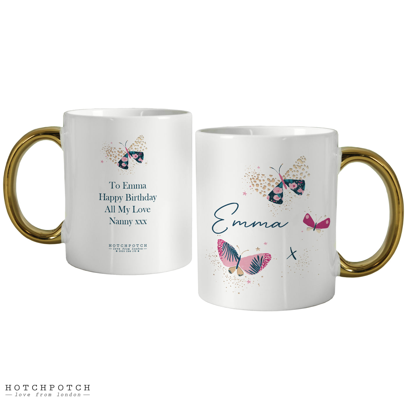 Personalised Butterfly Gold Handle Ceramic Mug