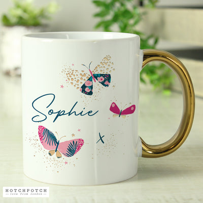 Personalised Butterfly Gold Handle Ceramic Mug