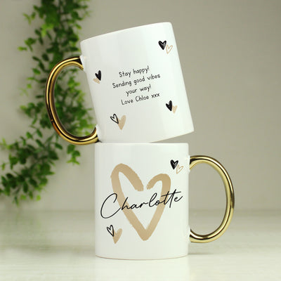 Personalised Hearts Gold Handled Ceramic Mug