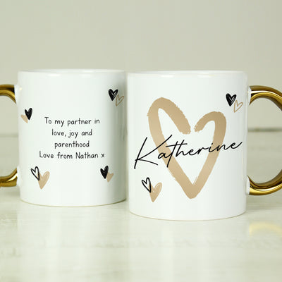 Personalised Hearts Gold Handled Ceramic Mug