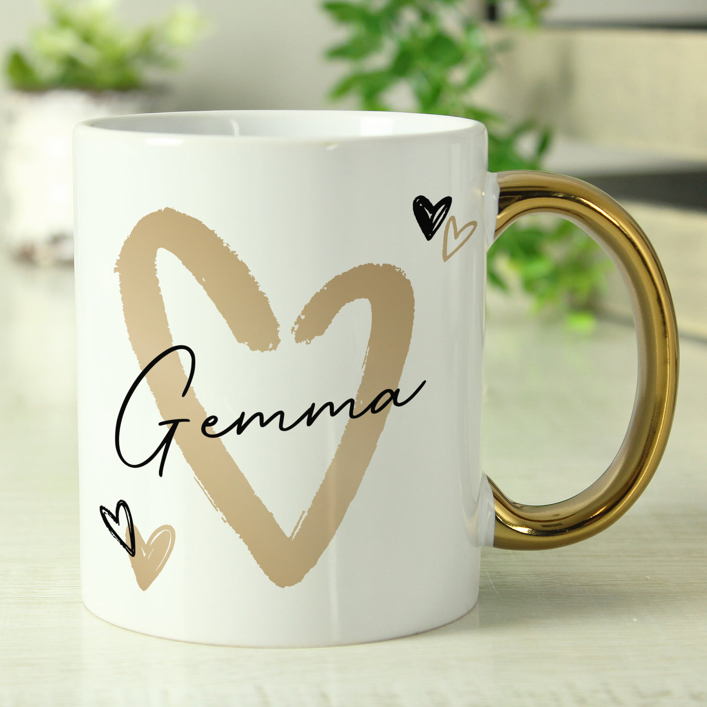 Personalised Hearts Gold Handled Ceramic Mug