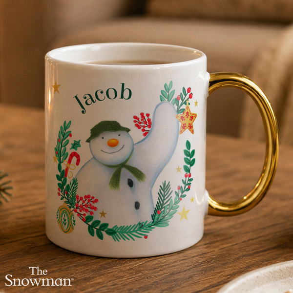 Personalised The Snowman Christmas Wishes Gold Handle Ceramic Mug