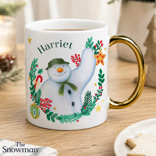 Personalised The Snowman Christmas Wishes Gold Handle Ceramic Mug