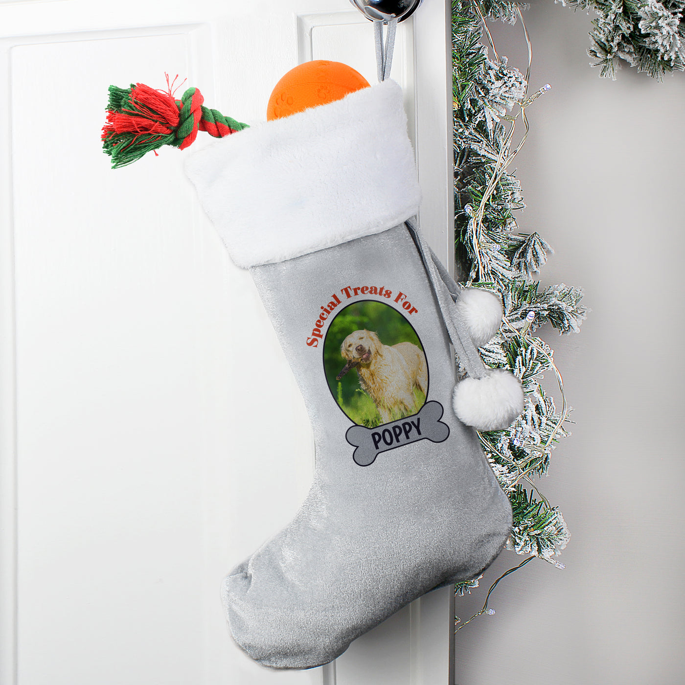 Personalised Dog Photo Upload Silver Grey Stocking