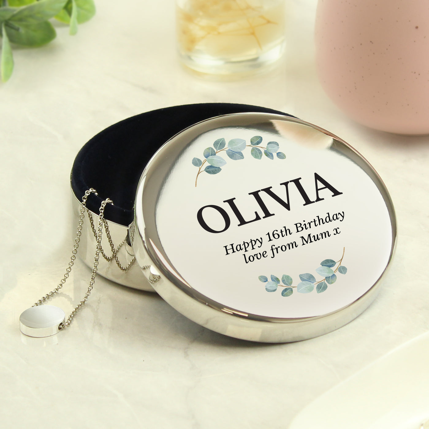 Personalised Botanical Round Nickel Plated Trinket Box