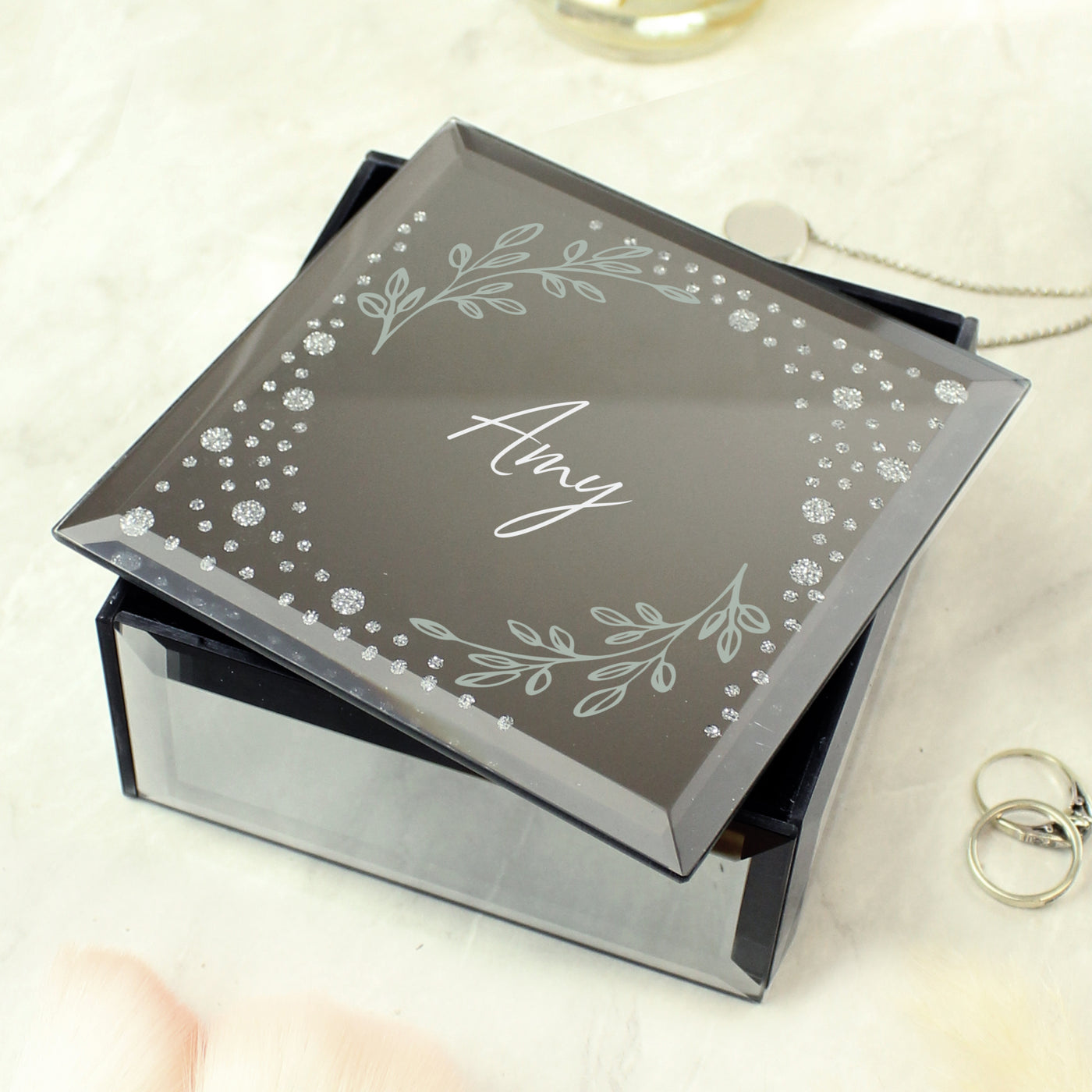 Personalised Botanical Diamante Mirrored Trinket Box