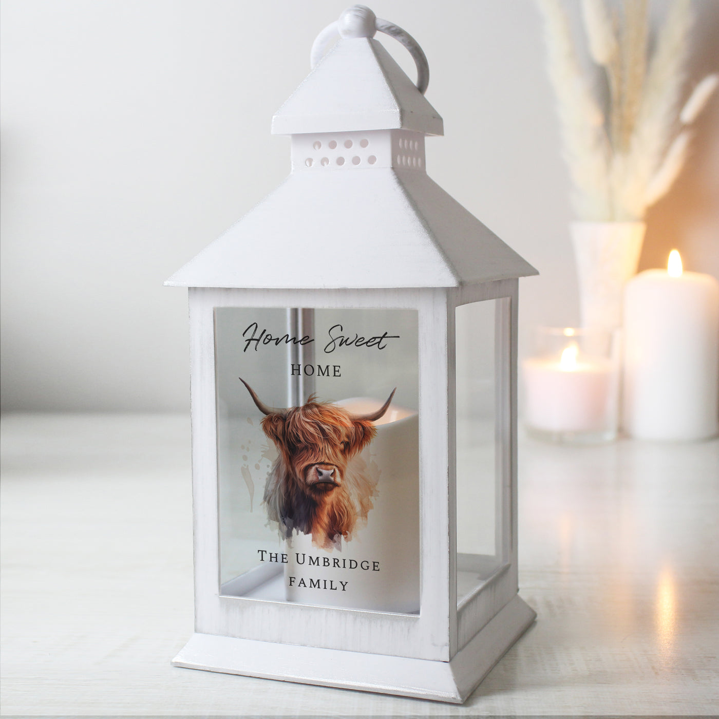 Personalised Highland Cow White LED Lantern