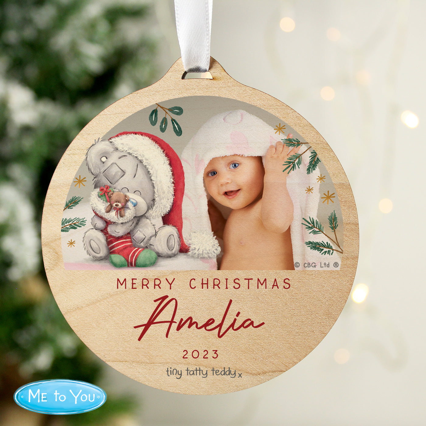 Personalised First Christmas Tiny Tatty Teddy Photo Upload Round Wooden Decoration