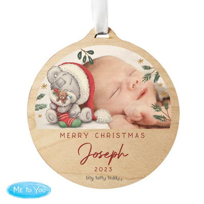 Personalised First Christmas Tiny Tatty Teddy Photo Upload Round Wooden Decoration