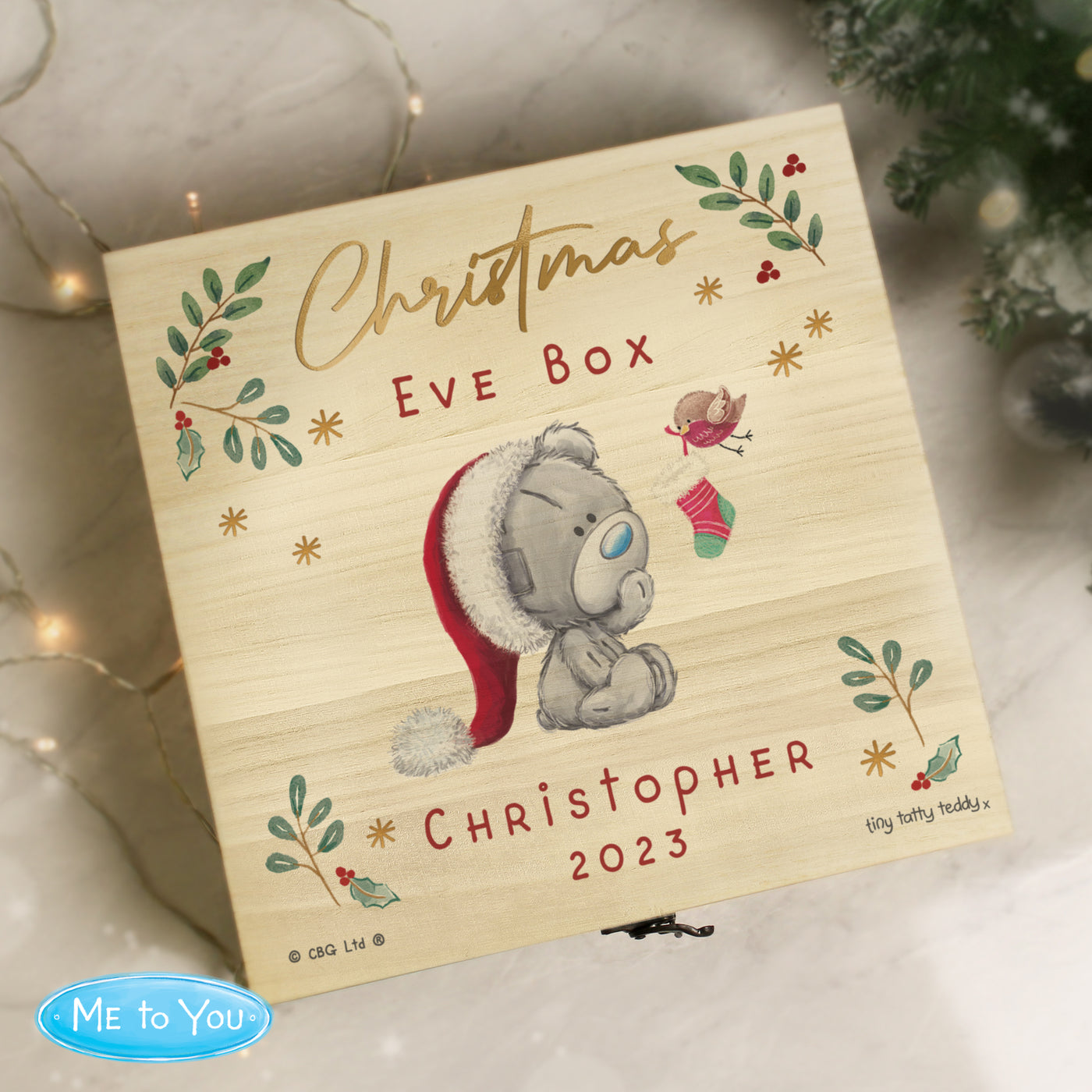 Personalised Winter Explorer Christmas Eve Tiny Tatty Teddy Large Wooden Keepsake Box