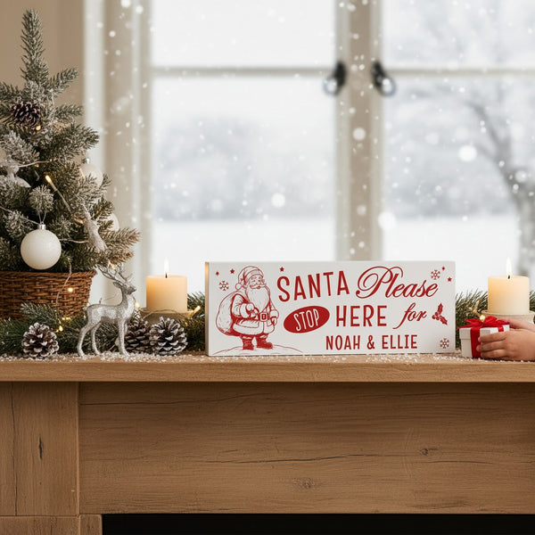 Personalised Santa Stop Here Wooden Mantle Block