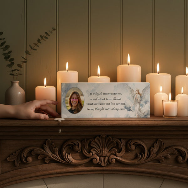 Personalised Memorial Angel Photo Upload Wooden Mantle Block