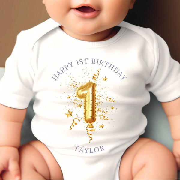 Personalised 1st Birthday Gold Balloon Gift Hamper - Teddy & Baby Vest