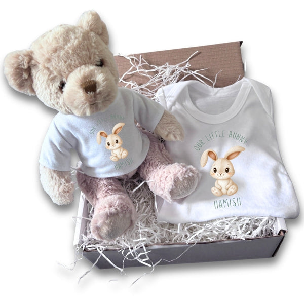 Personalised Our Little Bunny Gift Hamper - Teddy & Baby Vest