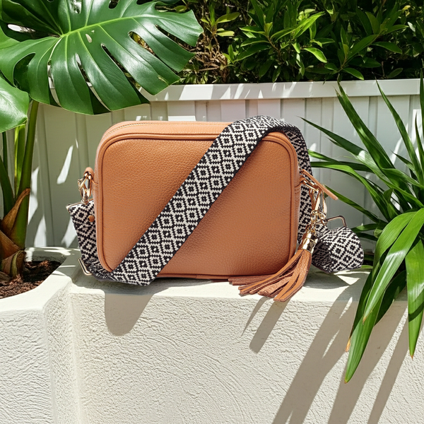 Personalised Elie Beaumont Cross Body Tan Leather Bag with Choice of Strap