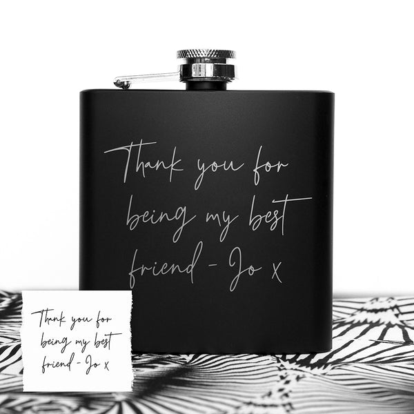 Personalised Own Handwriting Stainless Steel Black Hip Flask