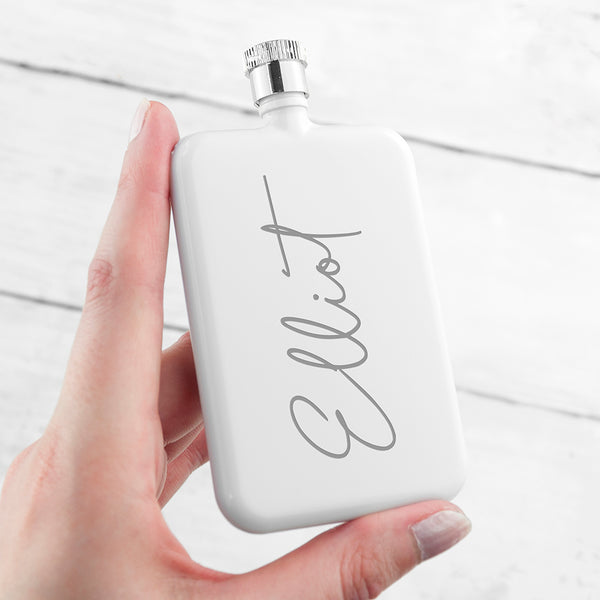 Personalised Own Handwriting Stainless Steel White Slimline Flask