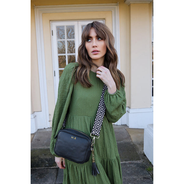 Personalised Elie Beaumont Cross Body Black Leather Bag with Choice of Strap
