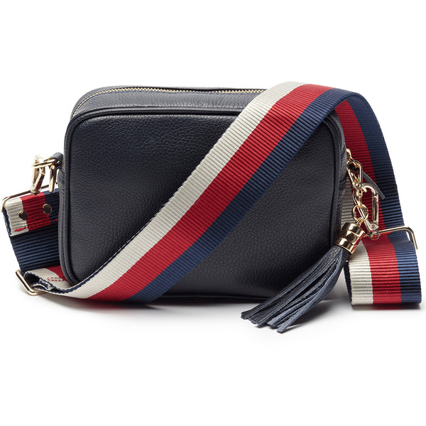 Personalised Elie Beaumont Cross Body Navy Leather Bag with Choice of Strap