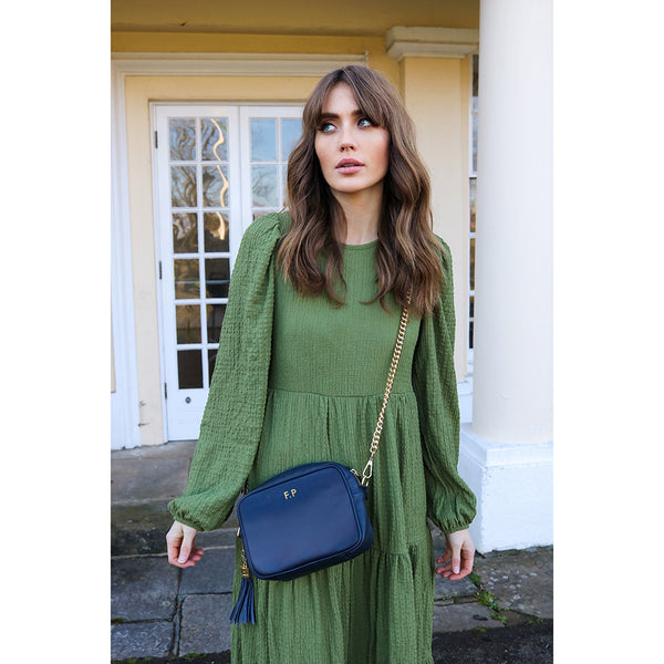 Personalised Elie Beaumont Cross Body Navy Leather Bag with Choice of Strap