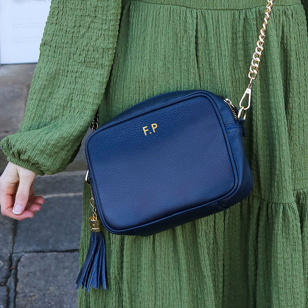 Personalised Elie Beaumont Cross Body Navy Leather Bag with Choice of Strap