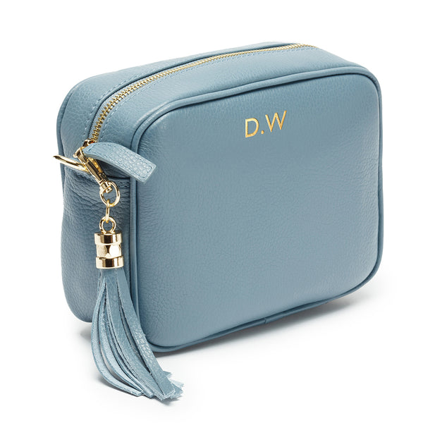 Personalised Elie Beaumont Cross Body Light Blue Leather Bag with Choice of Strap