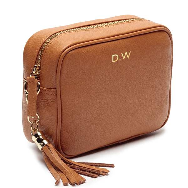 Personalised Elie Beaumont Cross Body Tan Leather Bag with Choice of Strap