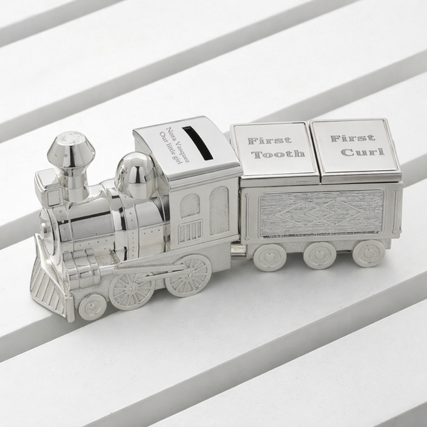 Personalised Silver Plated Train Money Box with First Tooth and Curl Carriage