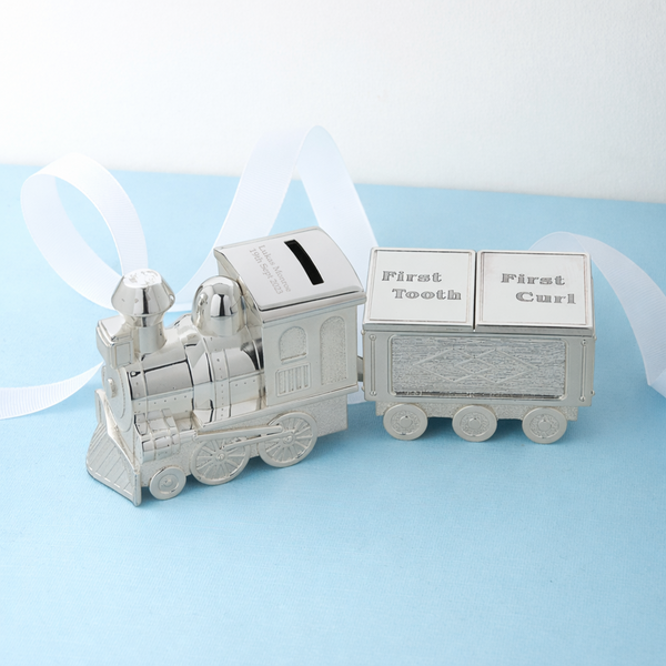 Personalised Silver Plated Train Money Box with First Tooth and Curl Carriage