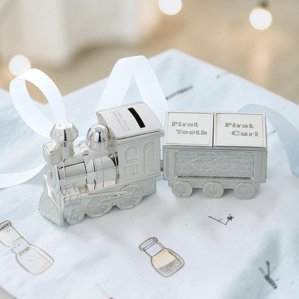 Personalised Silver Plated Train Money Box with First Tooth and Curl Carriage