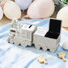 Personalised Silver Plated Train Money Box with First Tooth and Curl Carriage