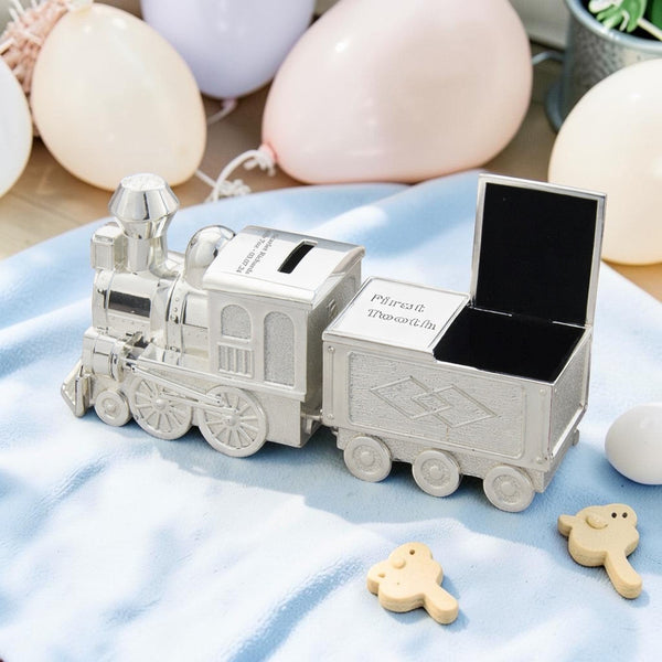 Personalised Silver Plated Train Money Box with First Tooth and Curl Carriage