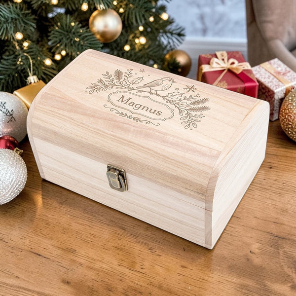 Personalised Robin Botanical Christmas Keepsake Chest