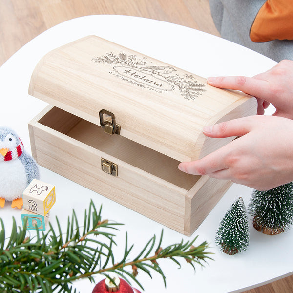 Personalised Robin Botanical Christmas Keepsake Chest