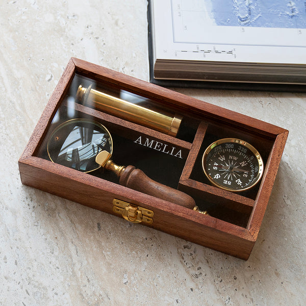 Personalised Brass Compass, Telescope and Magnifying Glass Gift Set