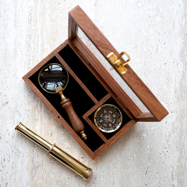 Personalised Brass Compass, Telescope and Magnifying Glass Gift Set