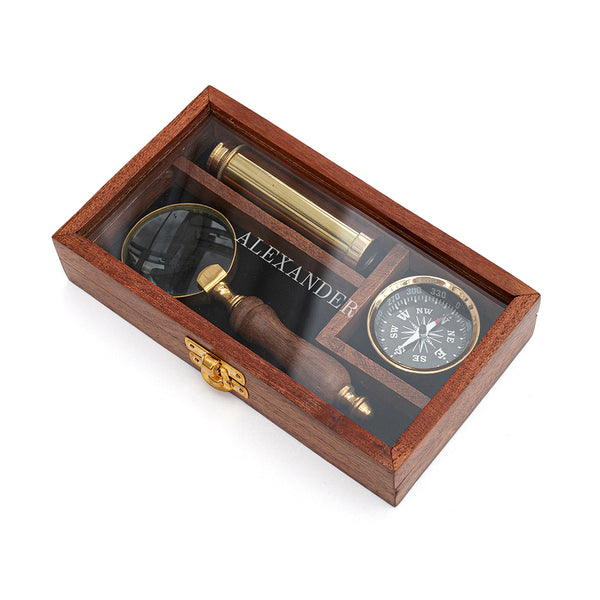 Personalised Brass Compass, Telescope and Magnifying Glass Gift Set