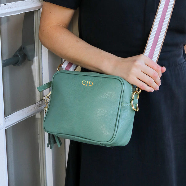 Personalised Elie Beaumont Cross Body Mint Leather Bag with Choice of Strap