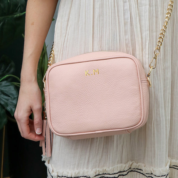 Personalised Elie Beaumont Cross Body Pink Leather Bag with Choice of Strap