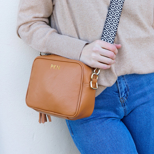 Personalised Elie Beaumont Cross Body Tan Leather Bag with Choice of Strap