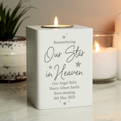 Personalised Our Star In Heaven White Wooden Tea light Candle Holder