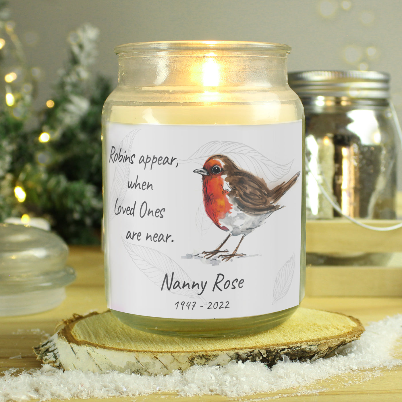Personalised Robins Appear Large Scented Jar Wax Candle