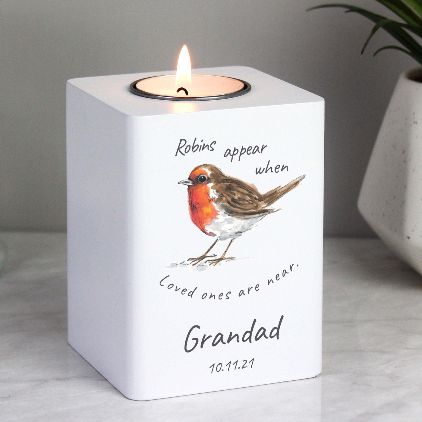 Personalised Robins Appear White Wooden Tea light Candle Holder - Shop Personalised Gifts