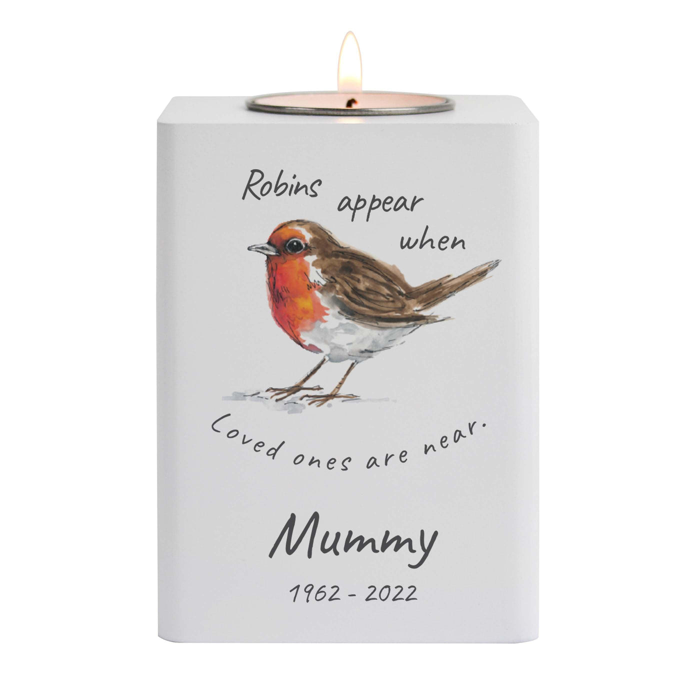 Personalised Robins Appear White Wooden Tea light Candle Holder - Shop Personalised Gifts